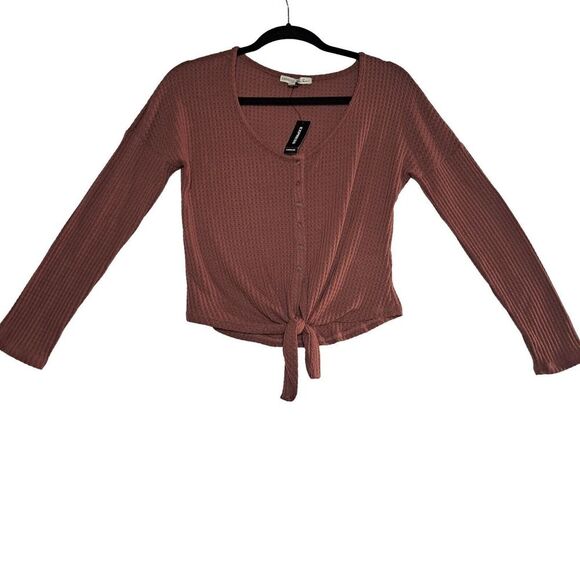 Express One Eleven Top Women S Rust Red Cropped Knit Tie Front Button Up NWT - Picture 1 of 10